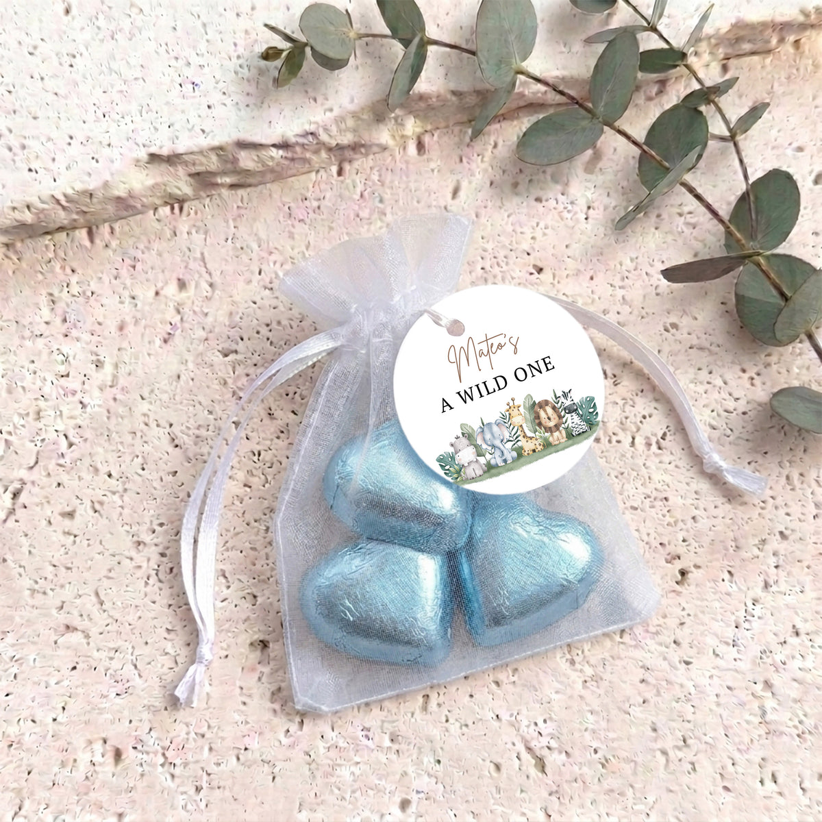 Two Wild Personalised Organza Bags with Chocolate Hearts