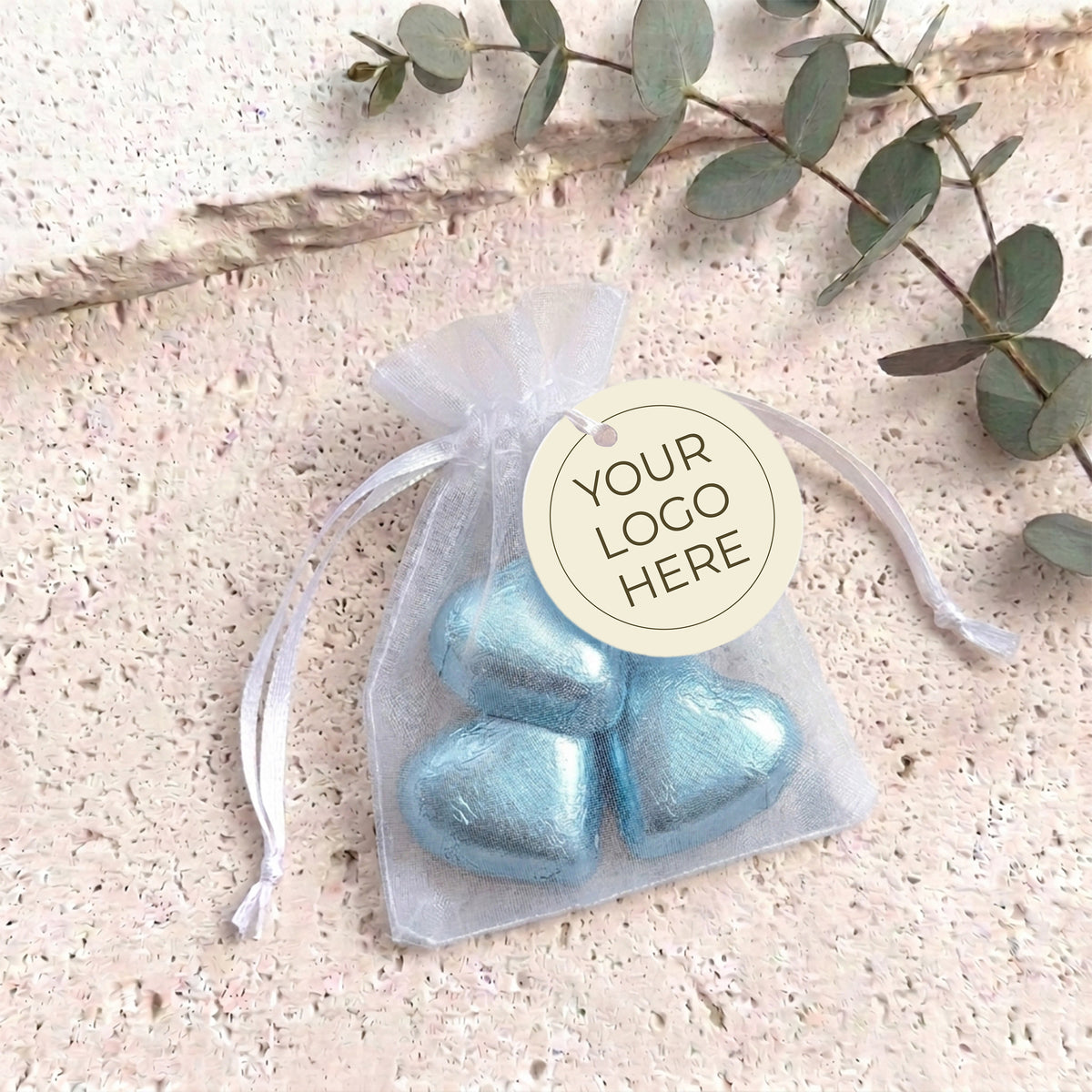 Corporate Personalised Organza Bags with Chocolate Hearts