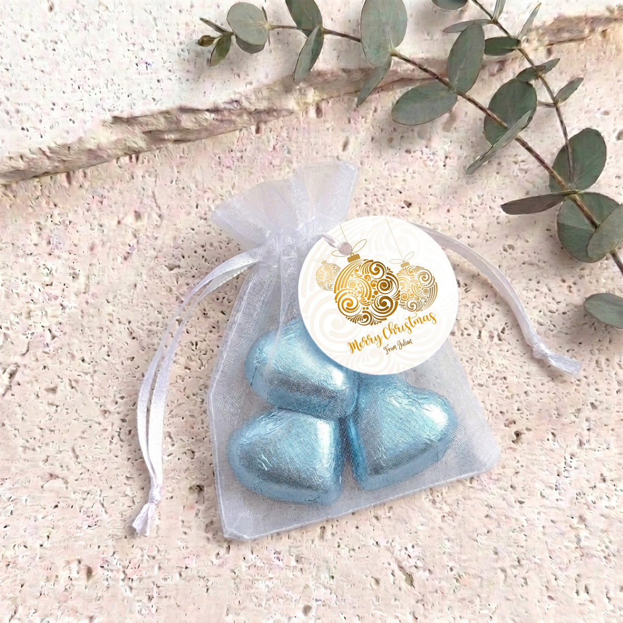 Christmas Gold Balls Personalised Organza Bags with Chocolate Hearts