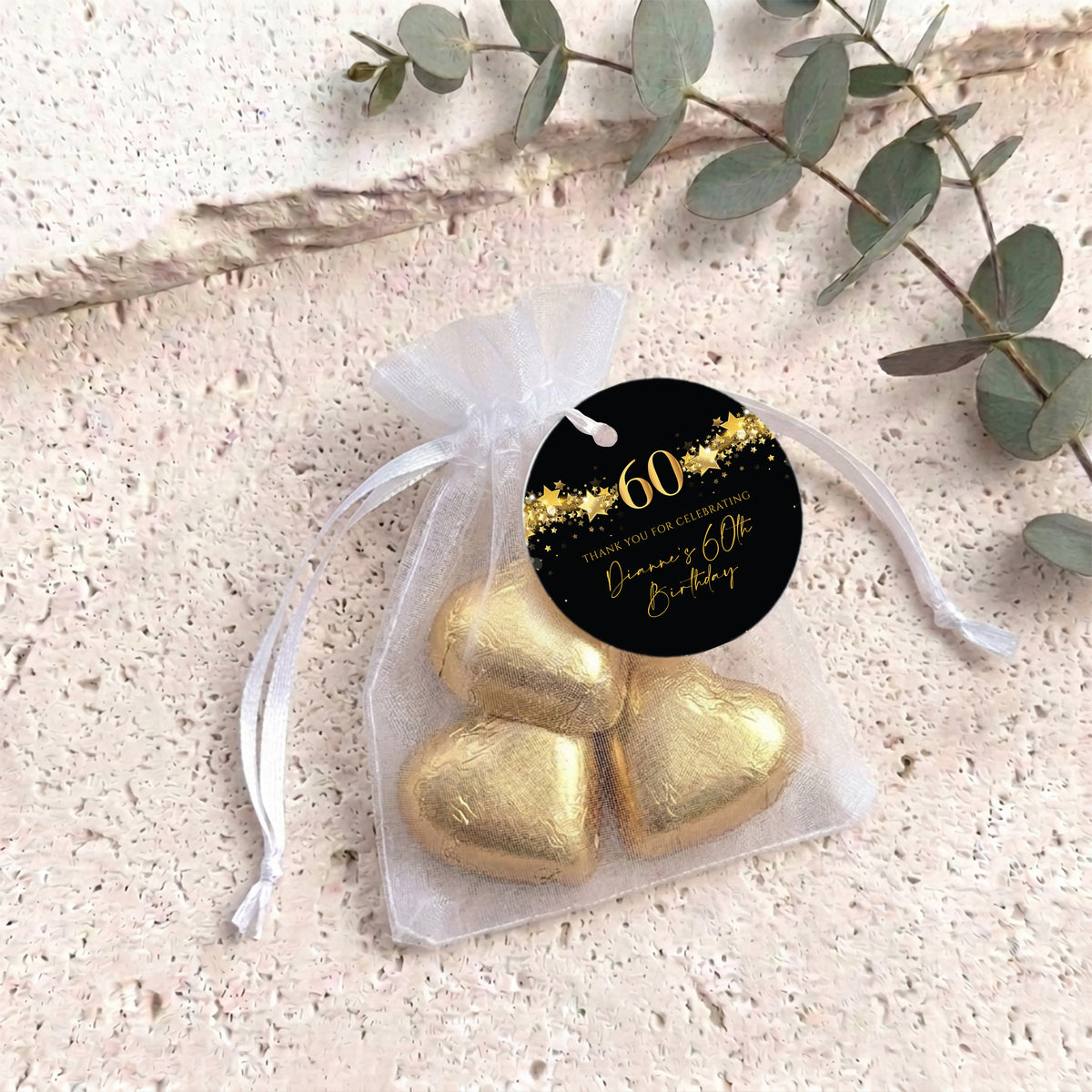60Th Birthday Black Gold Stars Personalised Organza Bags with Chocolate Hearts