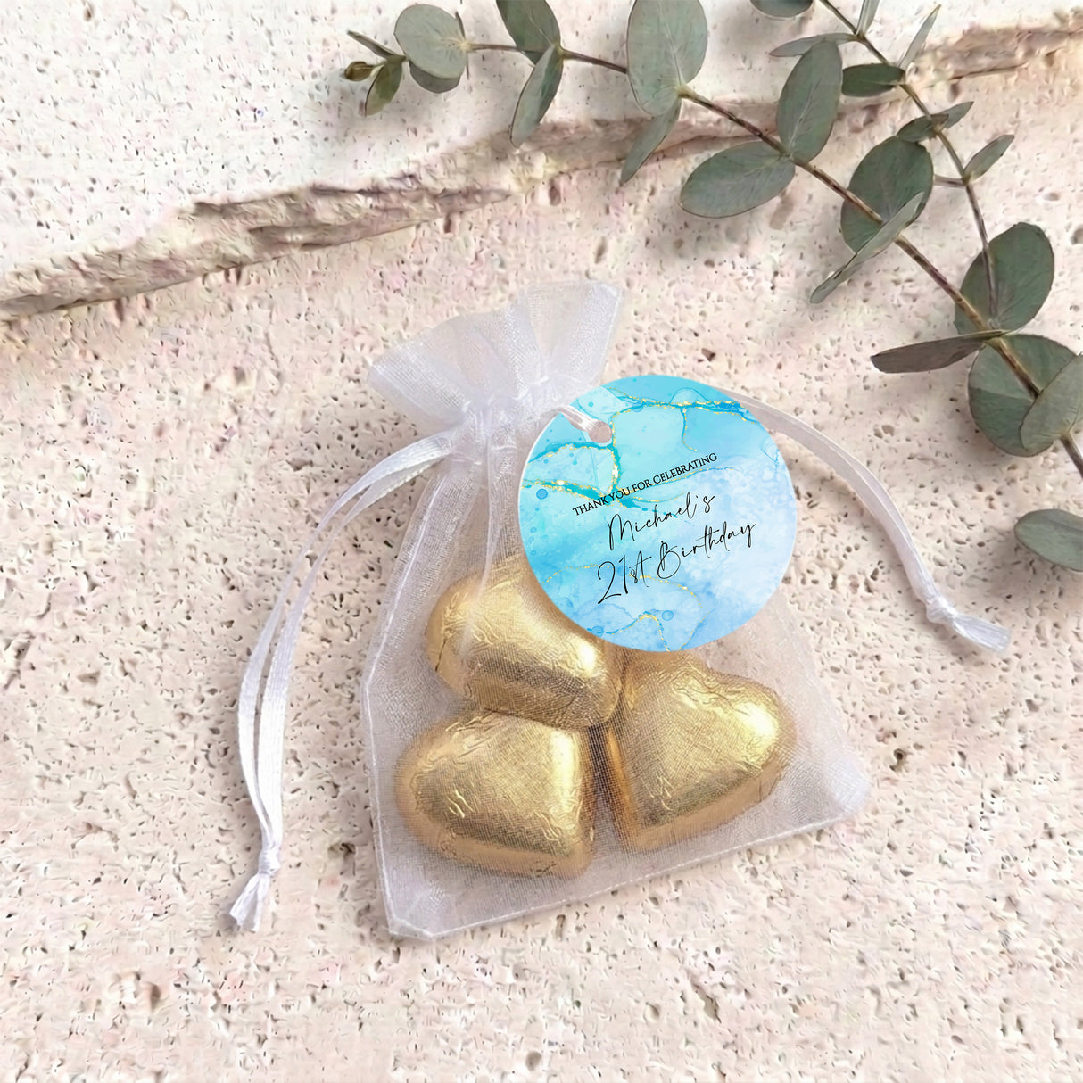 Blue Gold Marble Adult Birthday Personalised Organza Bags with Chocolate Hearts