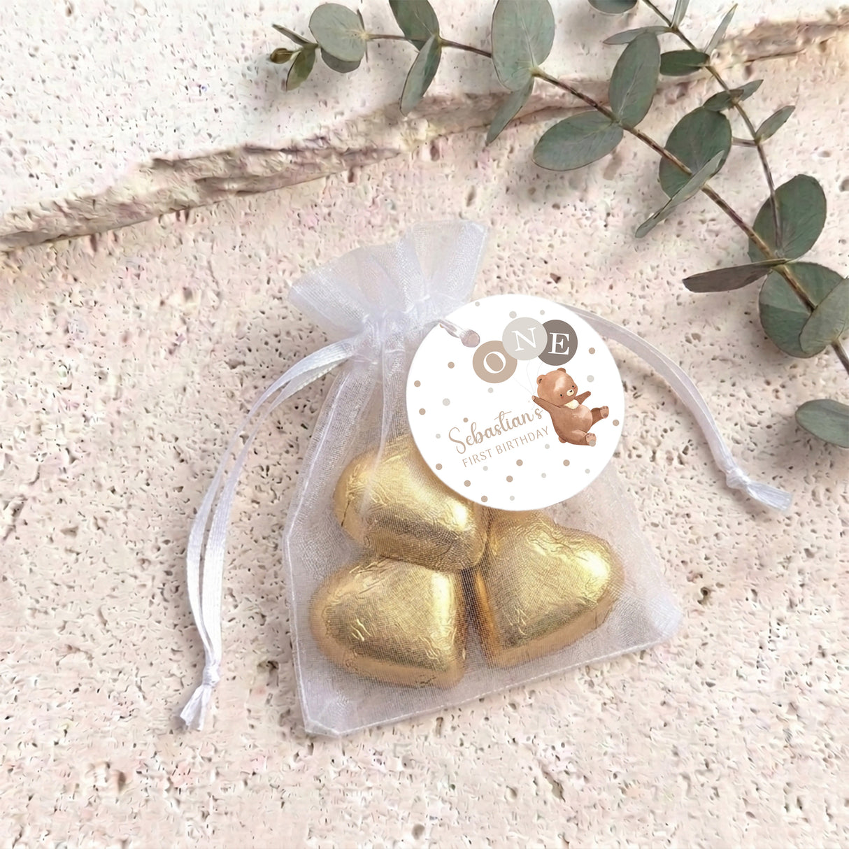 Brown Bear Balloons Baby Personalised Organza Bags with Chocolate Hearts