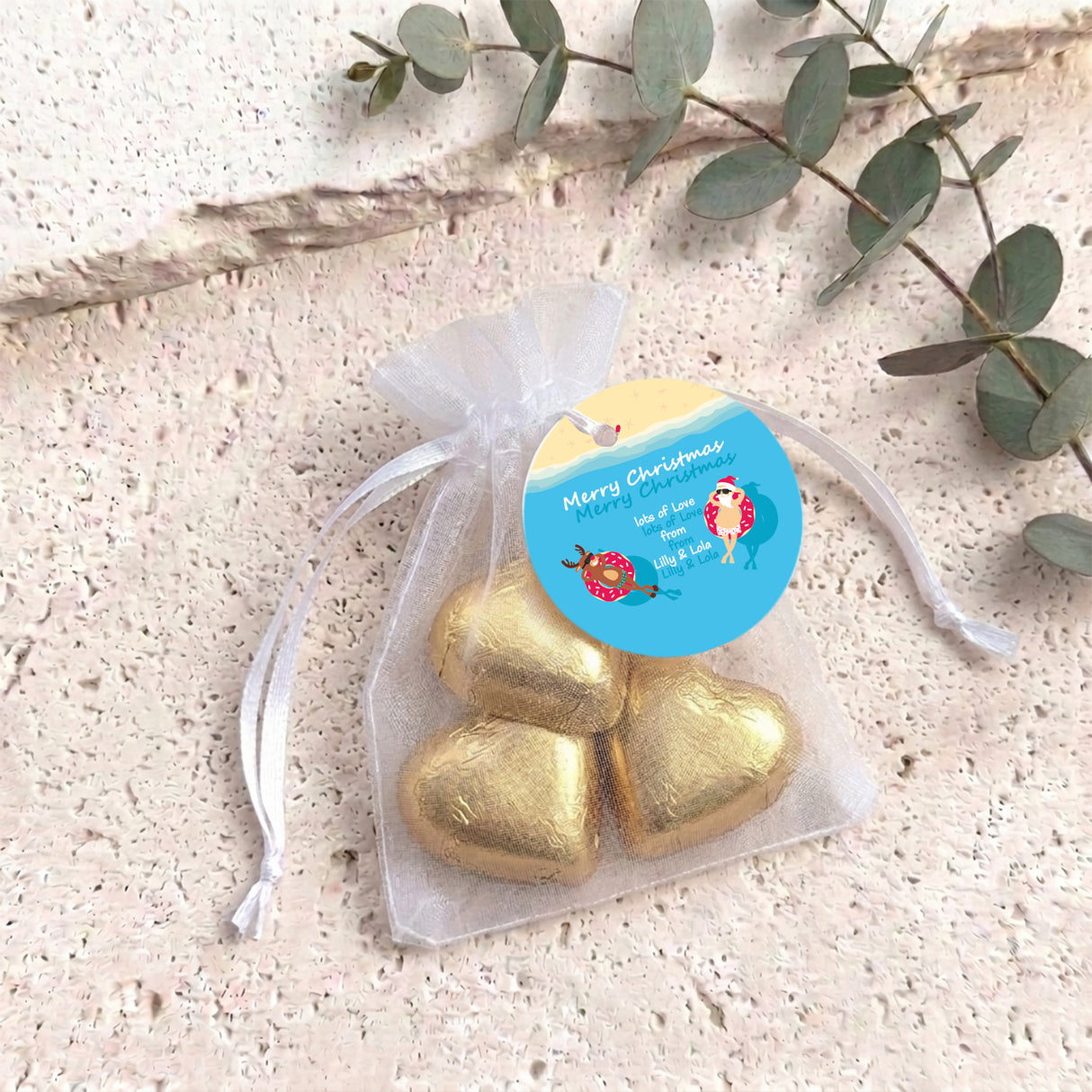 Donut Santa Personalised Organza Bags with Chocolate Hearts