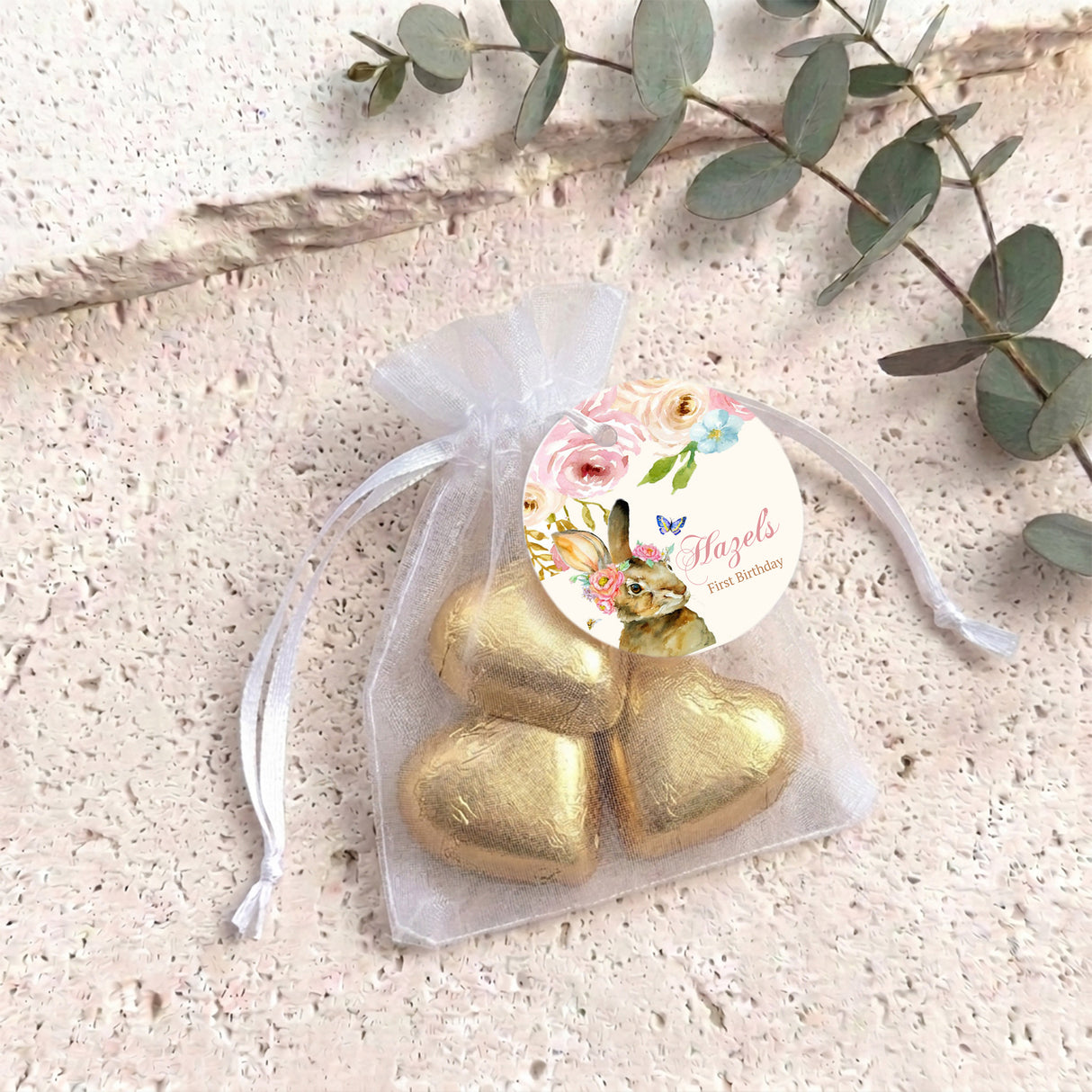 Floral Bunny First Birthday Personalised Organza Bags with Chocolate Hearts