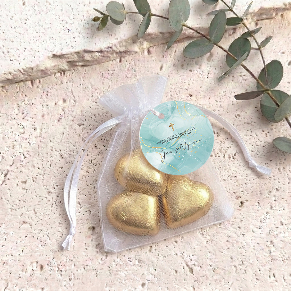 Green Gold Cross Confirmation Personalised Organza Bags with Chocolate Hearts