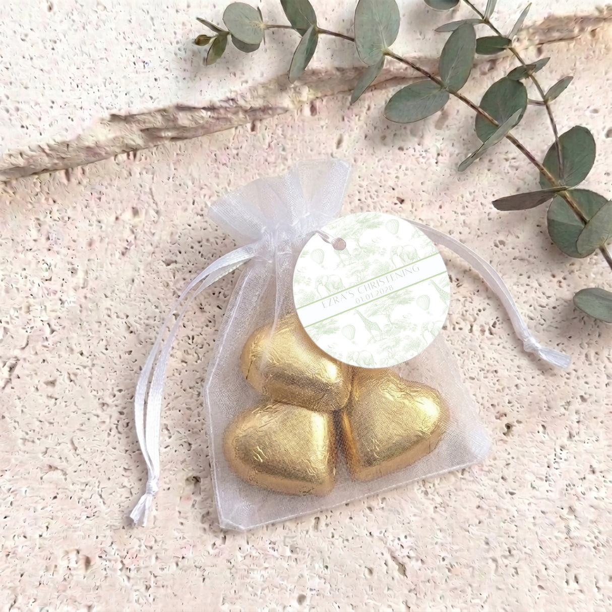 Green Safari Toile Christening Personalised Organza Bags with Chocolate Hearts