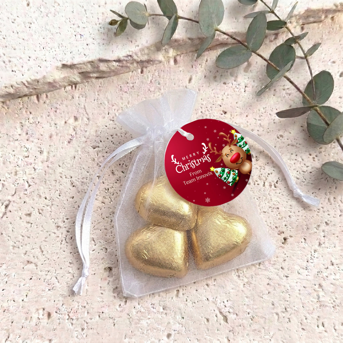 Happy Reindeer Personalised Organza Bags with Chocolate Hearts