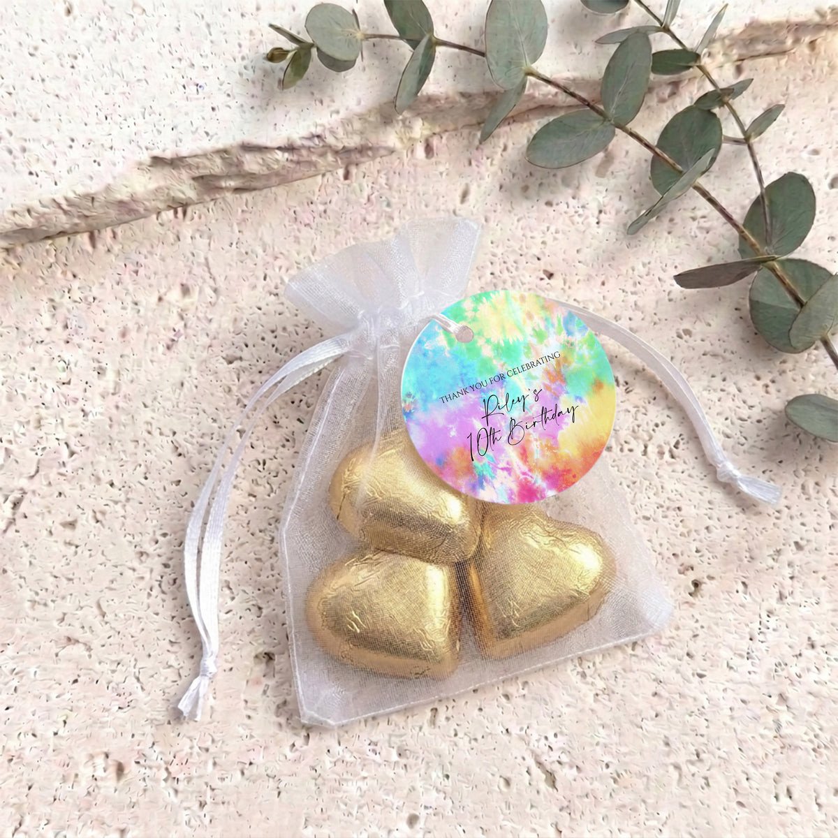 Kids Tie Dye Birthday Personalised Organza Bags with Chocolate Hearts