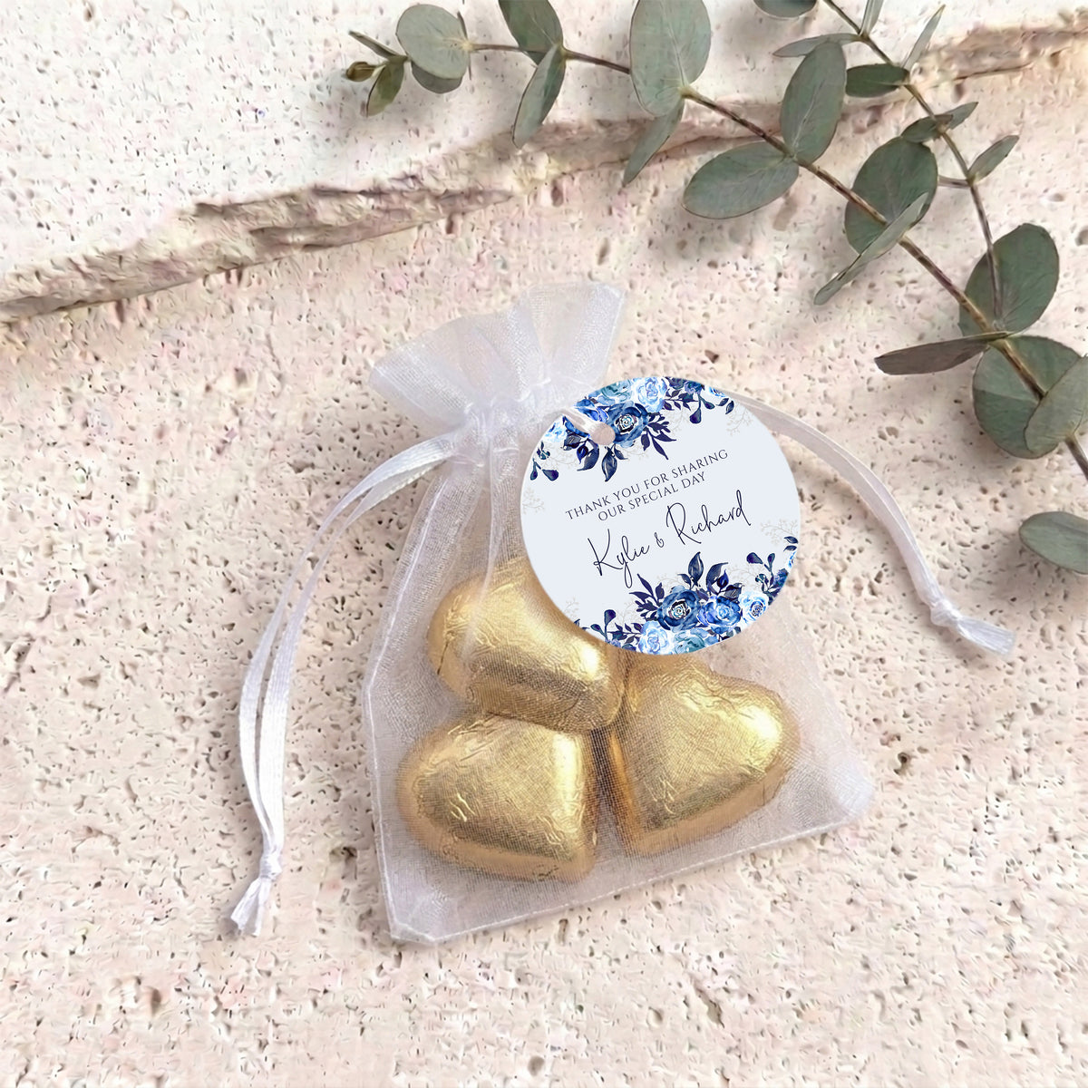 Navy Floral Waterfall Wedding Personalised Organza Bags with Chocolate Hearts