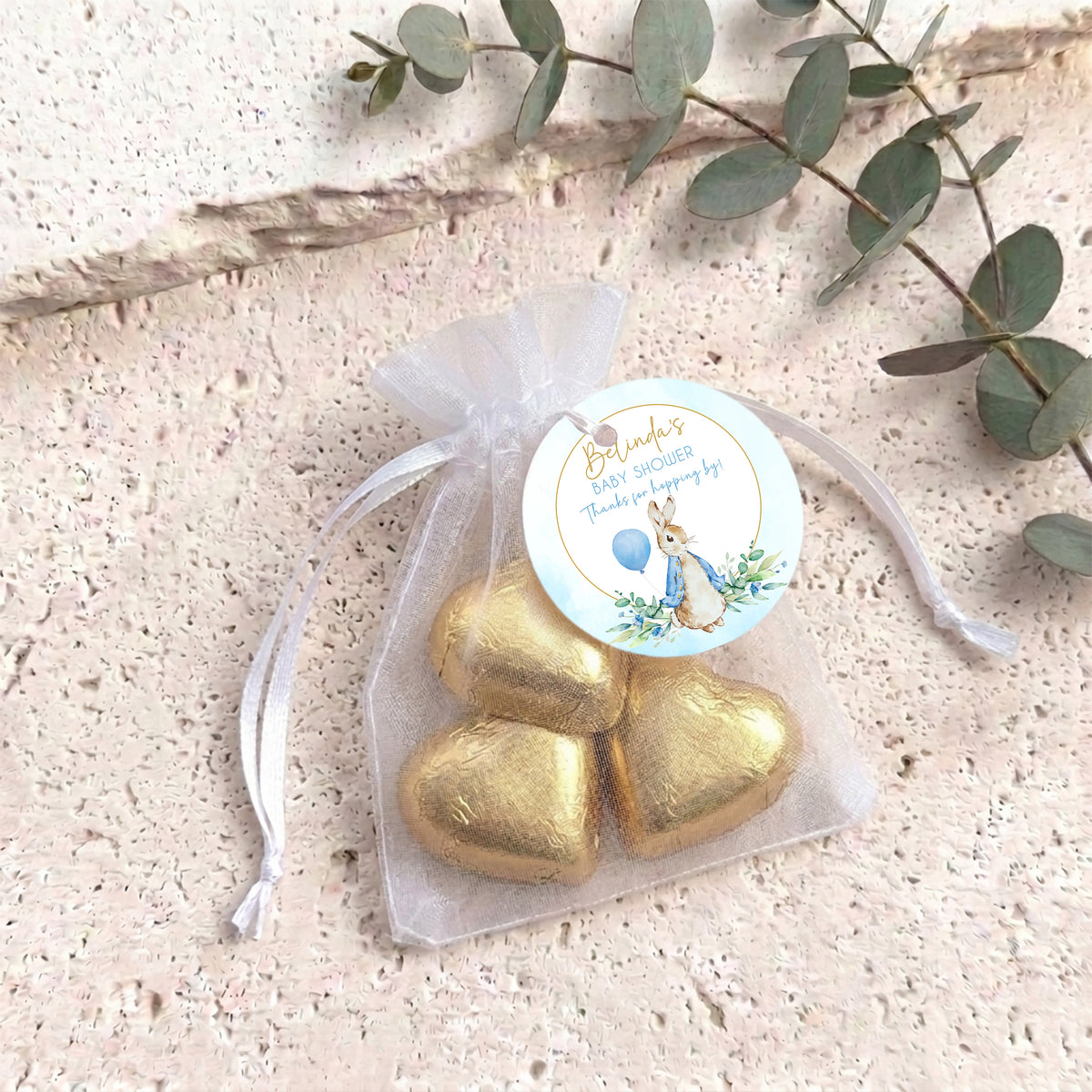 Peter Rabbit Blue Baby Shower Personalised Organza Bags with Chocolate Hearts