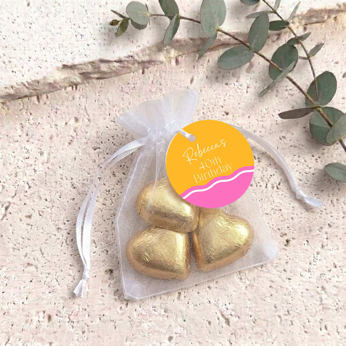 Pink Orange Wavy Birthday Personalised Organza Bags with Chocolate Hearts