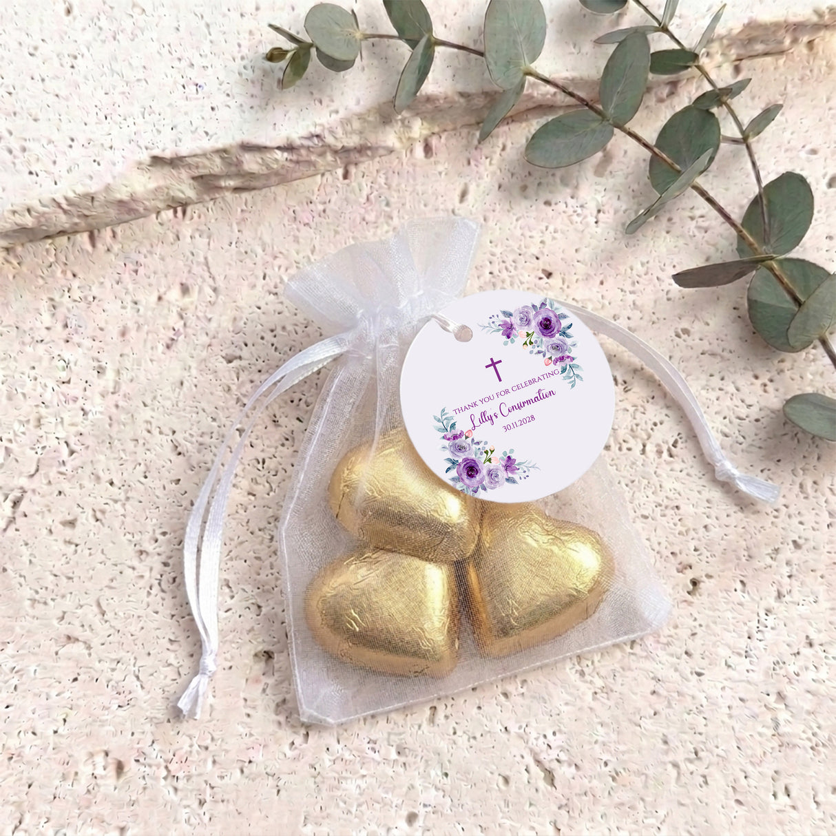 Pink Purple Roses Confirmation Personalised Organza Bags with Chocolate Hearts