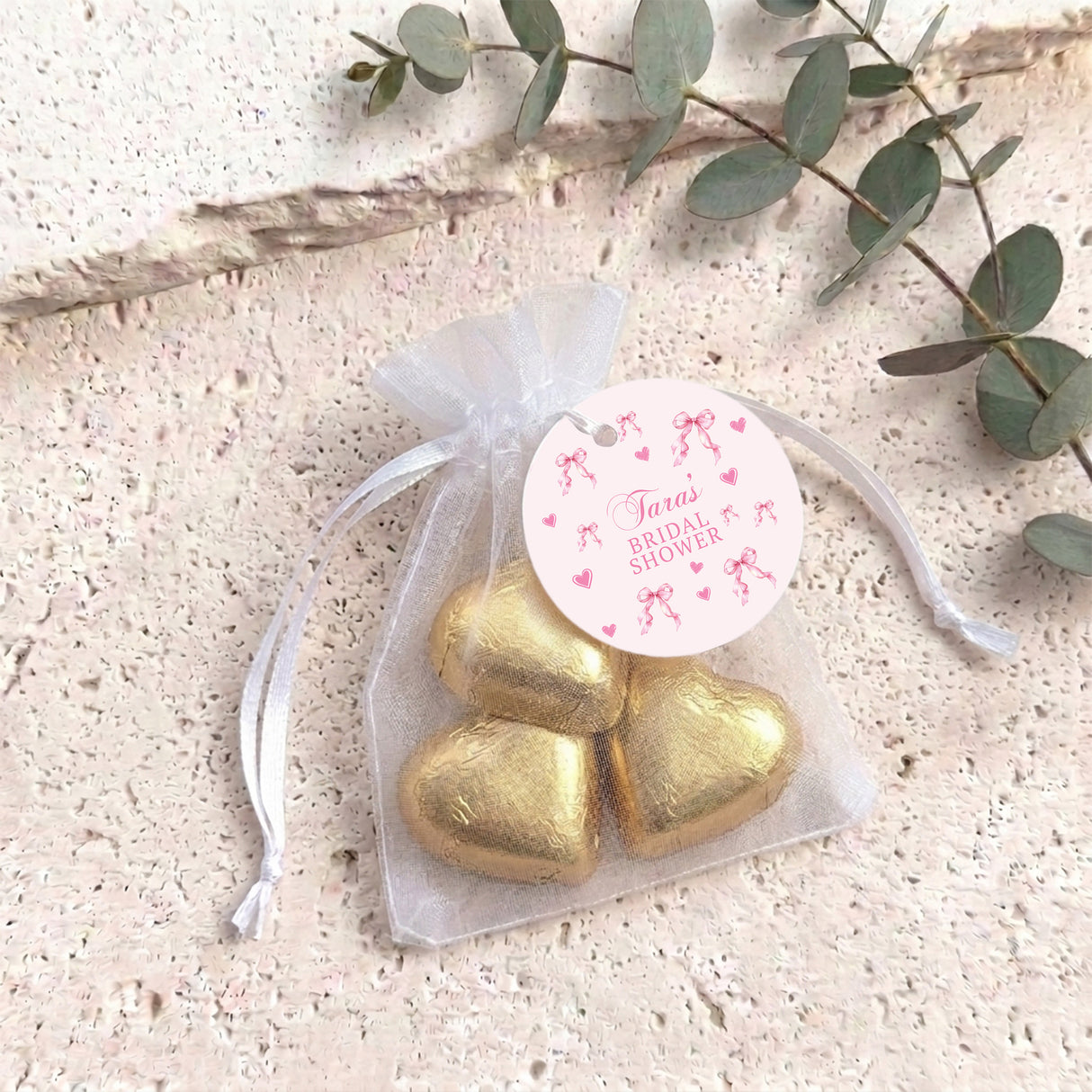 Pink Ribbons Bow Bridal Shower Personalised Organza Bags with Chocolate Hearts