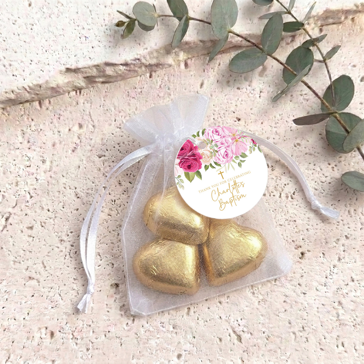 Pink Rose Waterfall Christening Personalised Organza Bags with Chocolate Hearts