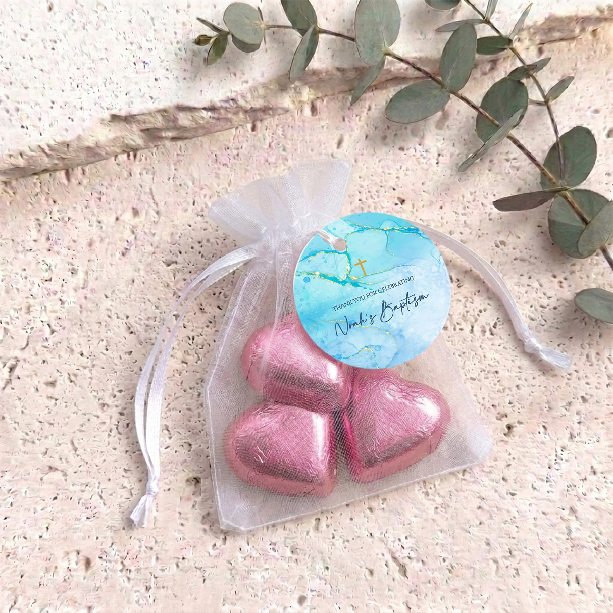 Blue Gold Cross Baptism Personalised Organza Bags with Chocolate Hearts