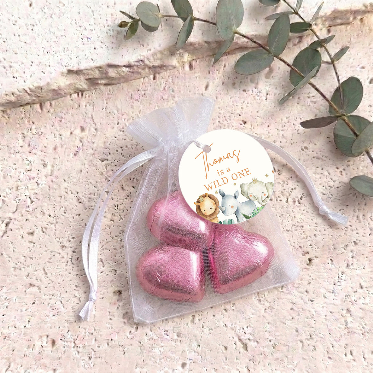 Cute Watercolor Baby Animals Wild One Personalised Organza Bags with Chocolate Hearts