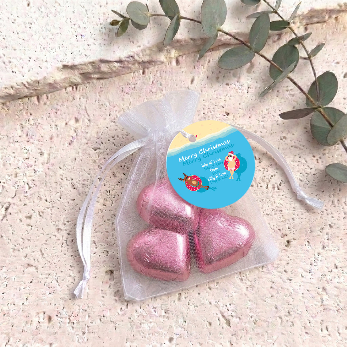 Donut Santa Personalised Organza Bags with Chocolate Hearts
