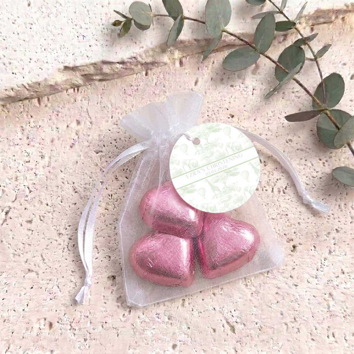 Green Safari Toile Christening Personalised Organza Bags with Chocolate Hearts