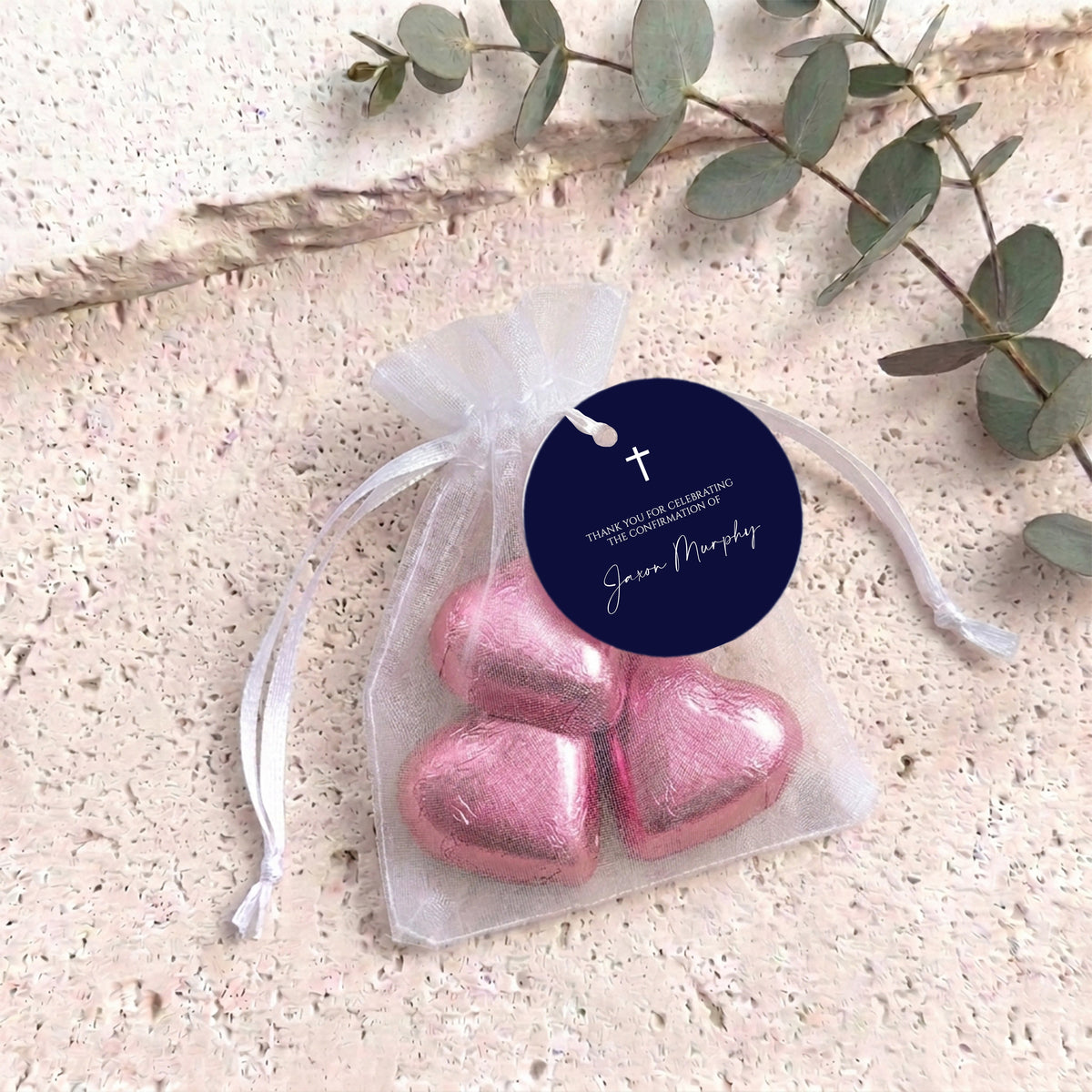 Navy Blue White Cross First Holy Communion Personalised Organza Bags with Chocolate Hearts