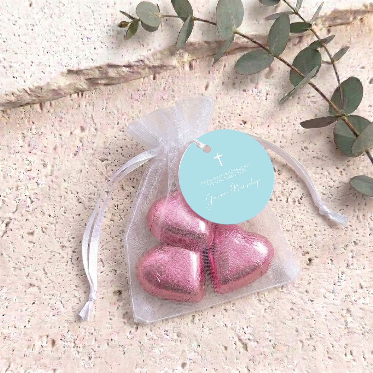 Pastel Blue White Cross Confirmation Personalised Organza Bags with Chocolate Hearts