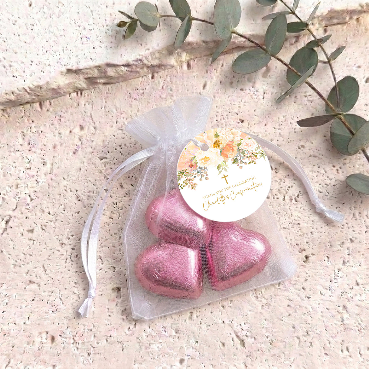 Peach Cream Roses Waterfall Confirmation Personalised Organza Bags with Chocolate Hearts