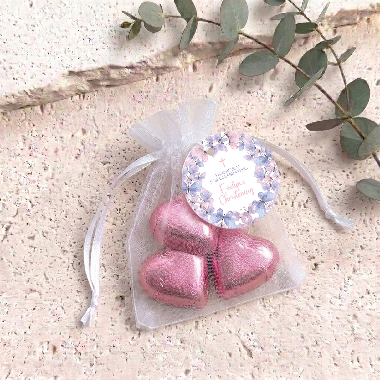 Pink Purple Butterflies Baptism Personalised Organza Bags with Chocolate Hearts