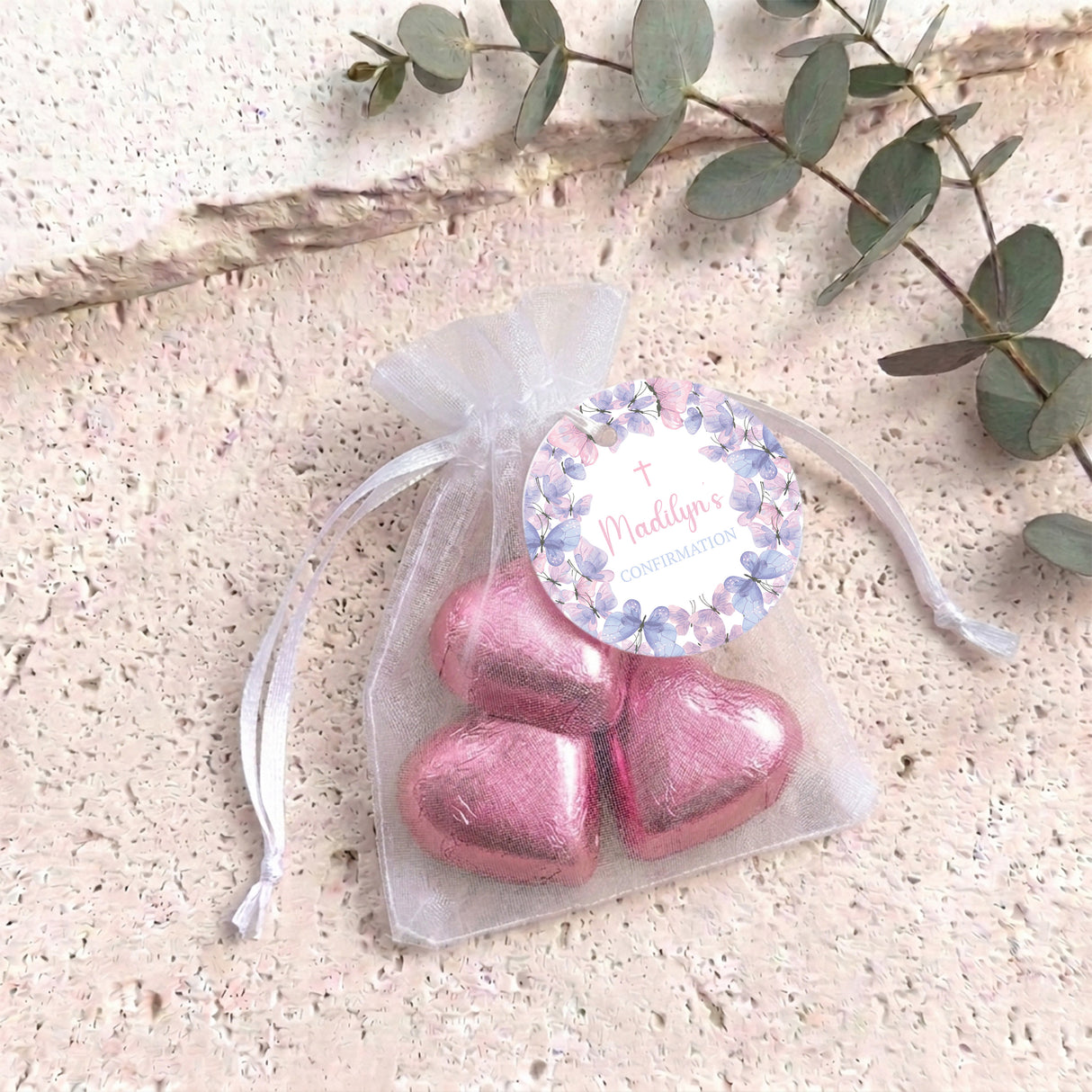 Pink Purple Butterflies Confirmation Personalised Organza Bags with Chocolate Hearts