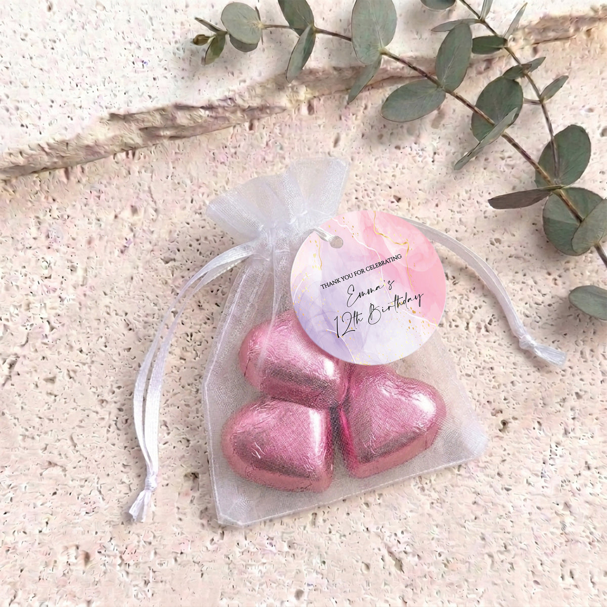 Pink Purple Marble Kids Birthday Personalised Organza Bags with Chocolate Hearts