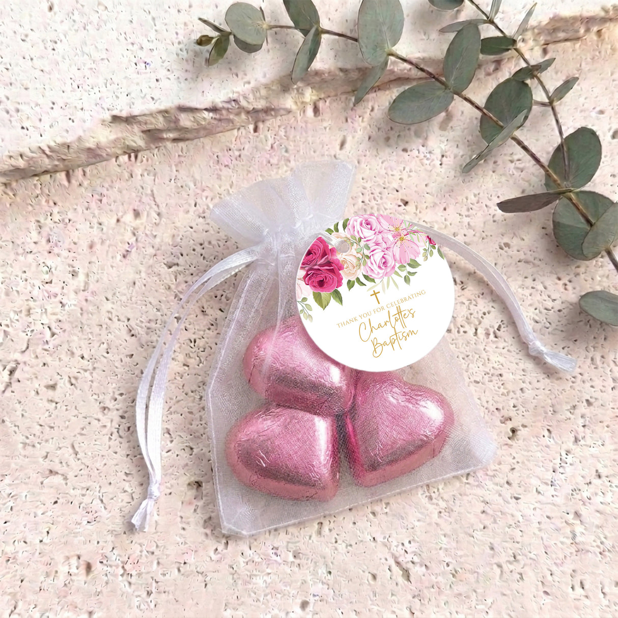 Pink Rose Waterfall Christening Personalised Organza Bags with Chocolate Hearts