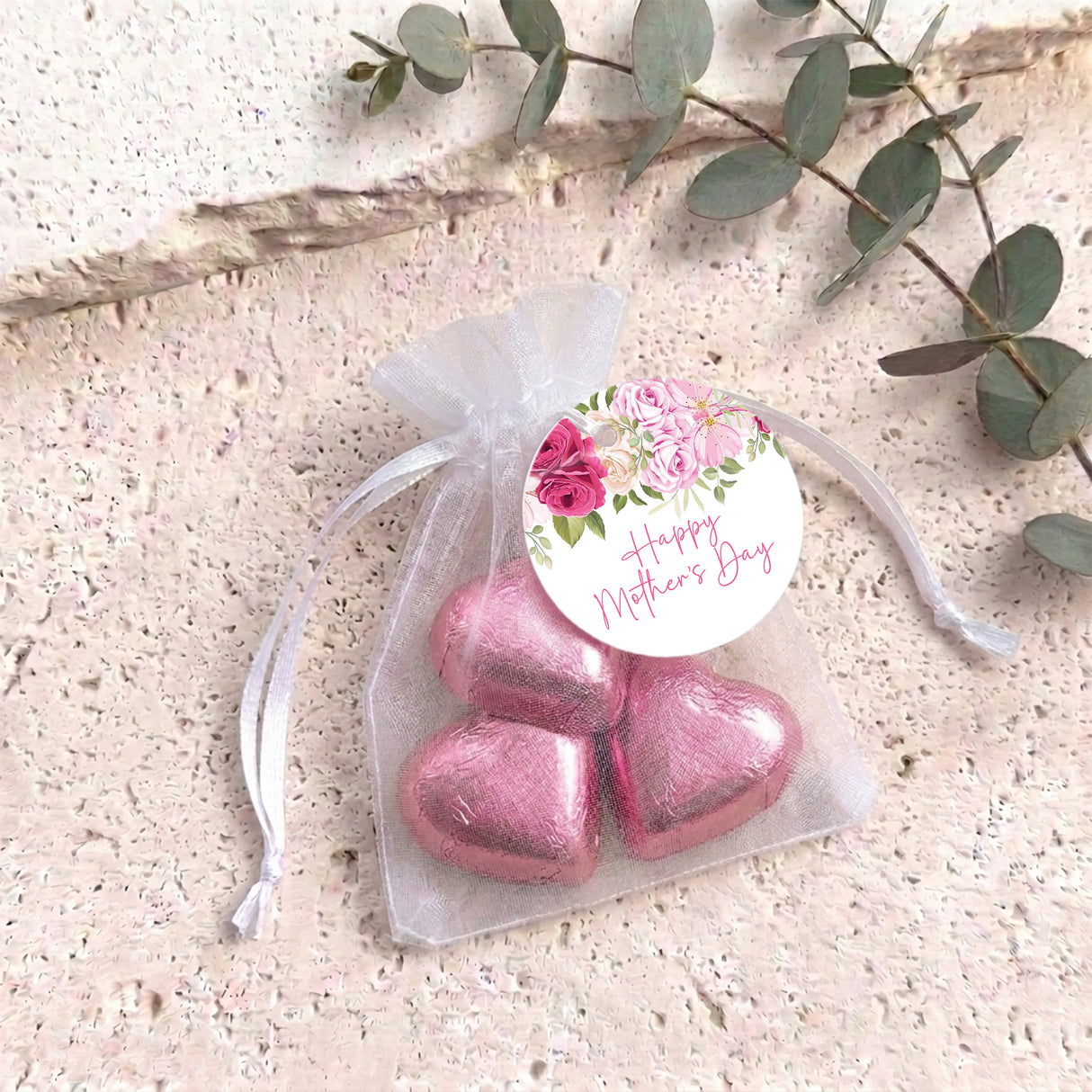 Pink Rose Waterfall Mothers Day Personalised Organza Bags with Chocolate Hearts