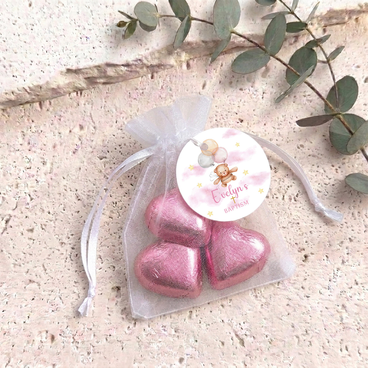 Pink Teddy Balloons Baptism Personalised Organza Bags with Chocolate Hearts