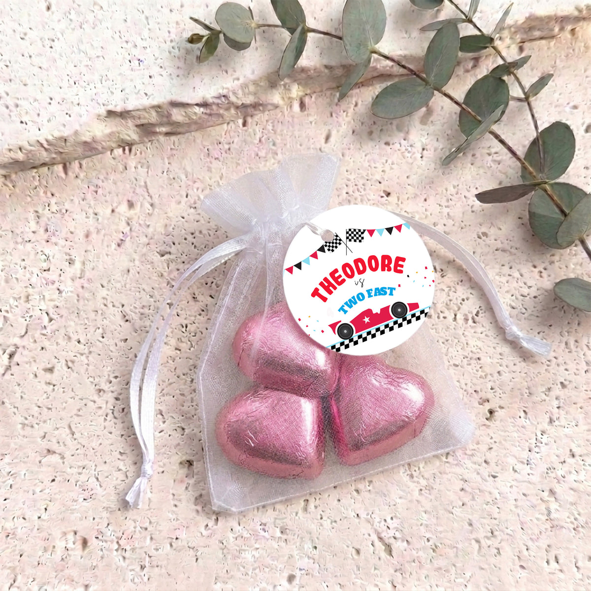Race Car Two Fast Personalised Organza Bags with Chocolate Hearts