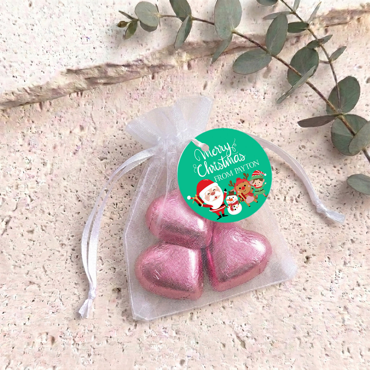 Merry Christmas Green Personalised Organza Bags with Chocolate Hearts