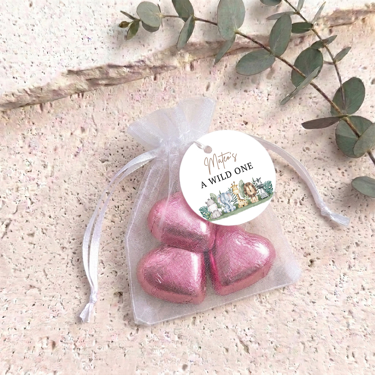 Two Wild Personalised Organza Bags with Chocolate Hearts