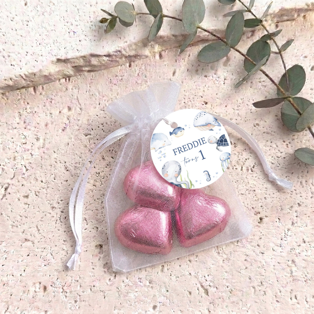 Under The Sea First Birthday Personalised Organza Bags with Chocolate Hearts