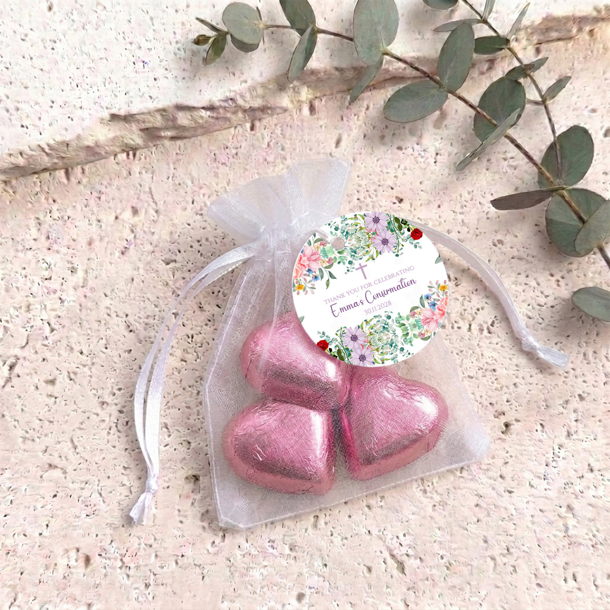 Wildflower Confirmation Personalised Organza Bags with Chocolate Hearts