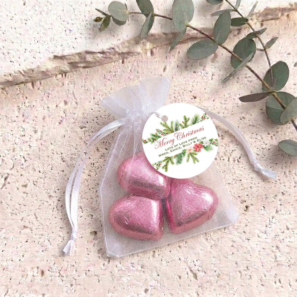 Watercolour Christmas Personalised Organza Bags with Chocolate Hearts