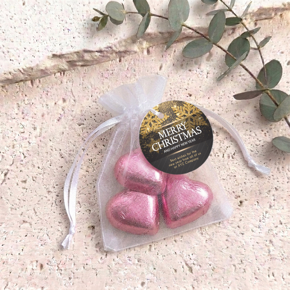 Christmas Gold Black Personalised Organza Bags with Chocolate Hearts
