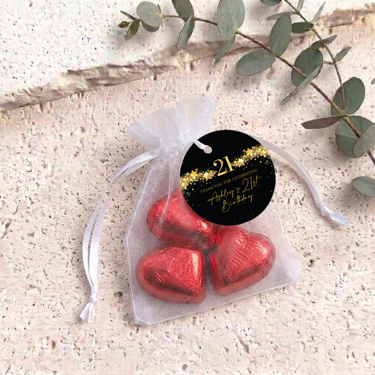 21St Birthday Black Gold Stars Personalised Organza Bags with Chocolate Hearts
