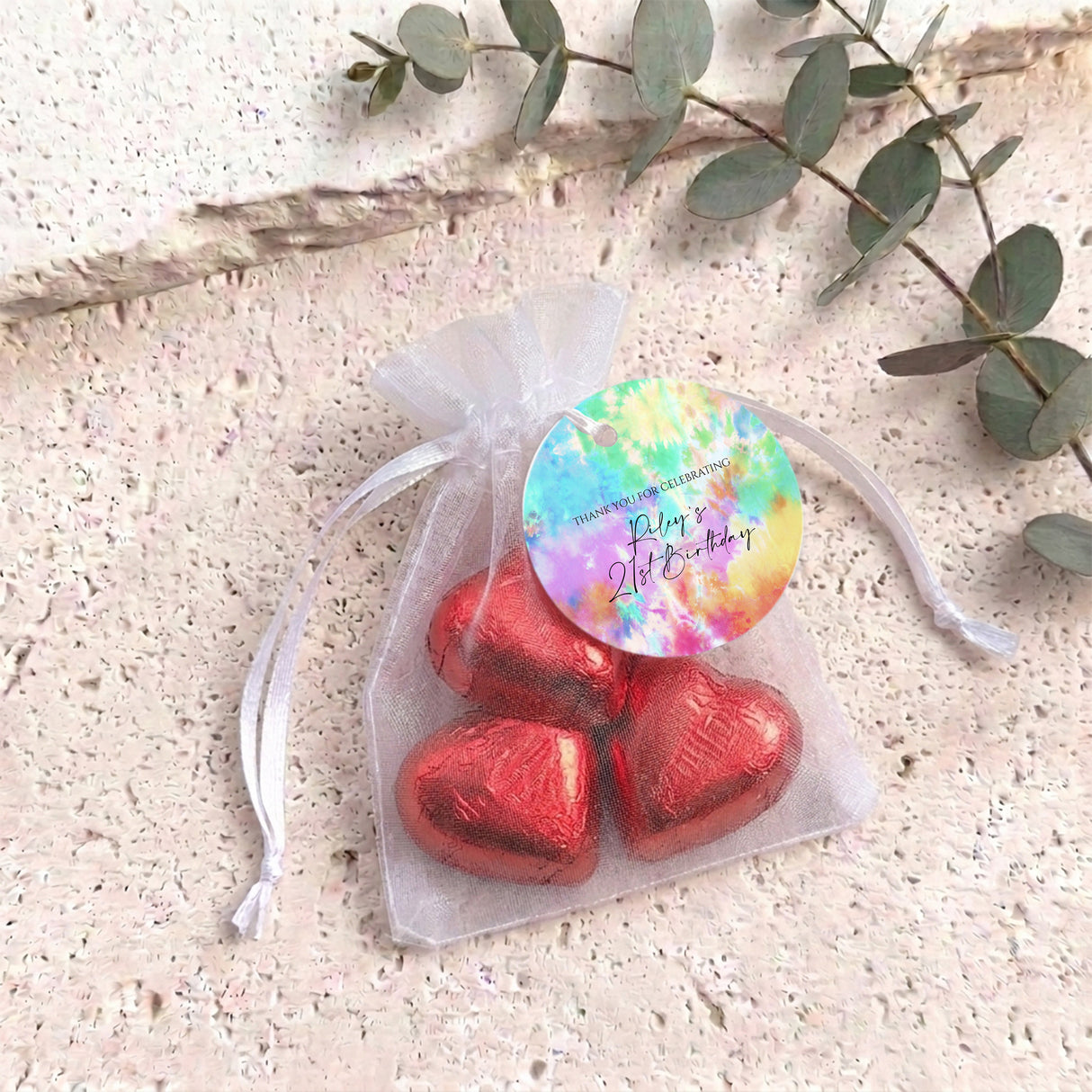 Adult Tie Dye Birthday Personalised Organza Bags with Chocolate Hearts
