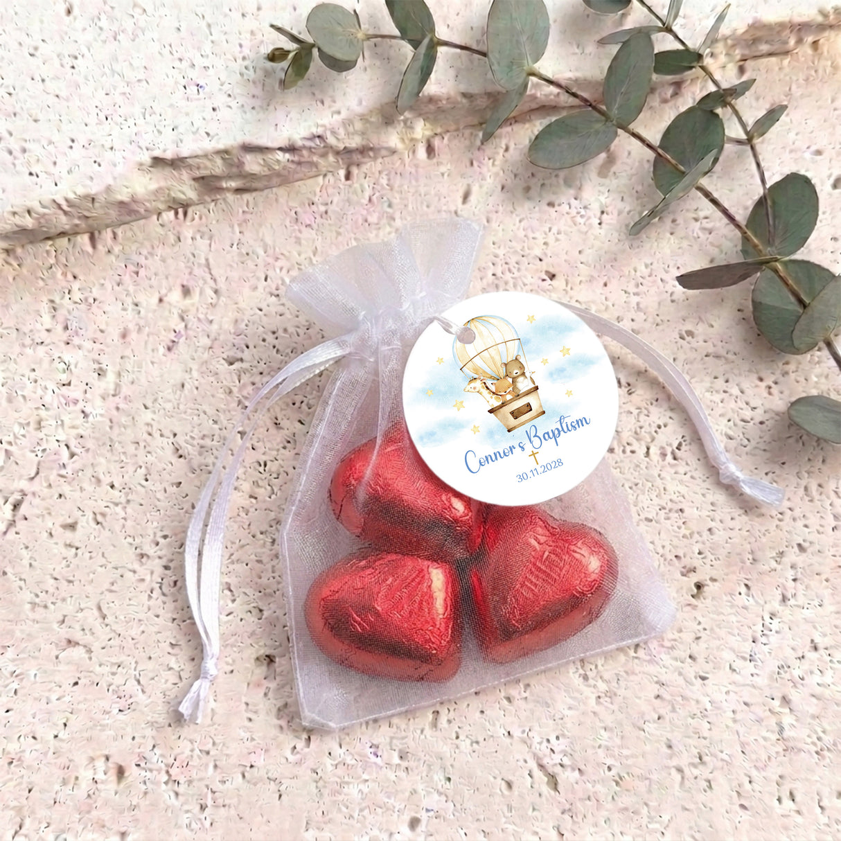 Animals In Hot Air Balloon Baptisms Personalised Organza Bags with Chocolate Hearts
