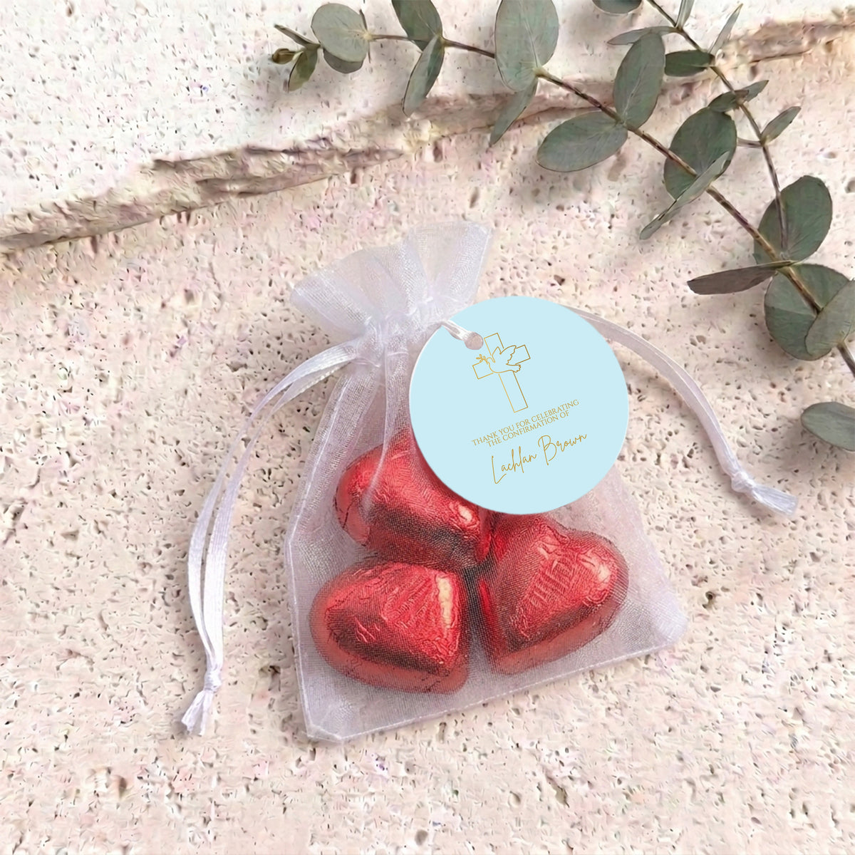 Blue Dove Cross Confimration Personalised Organza Bags with Chocolate Hearts