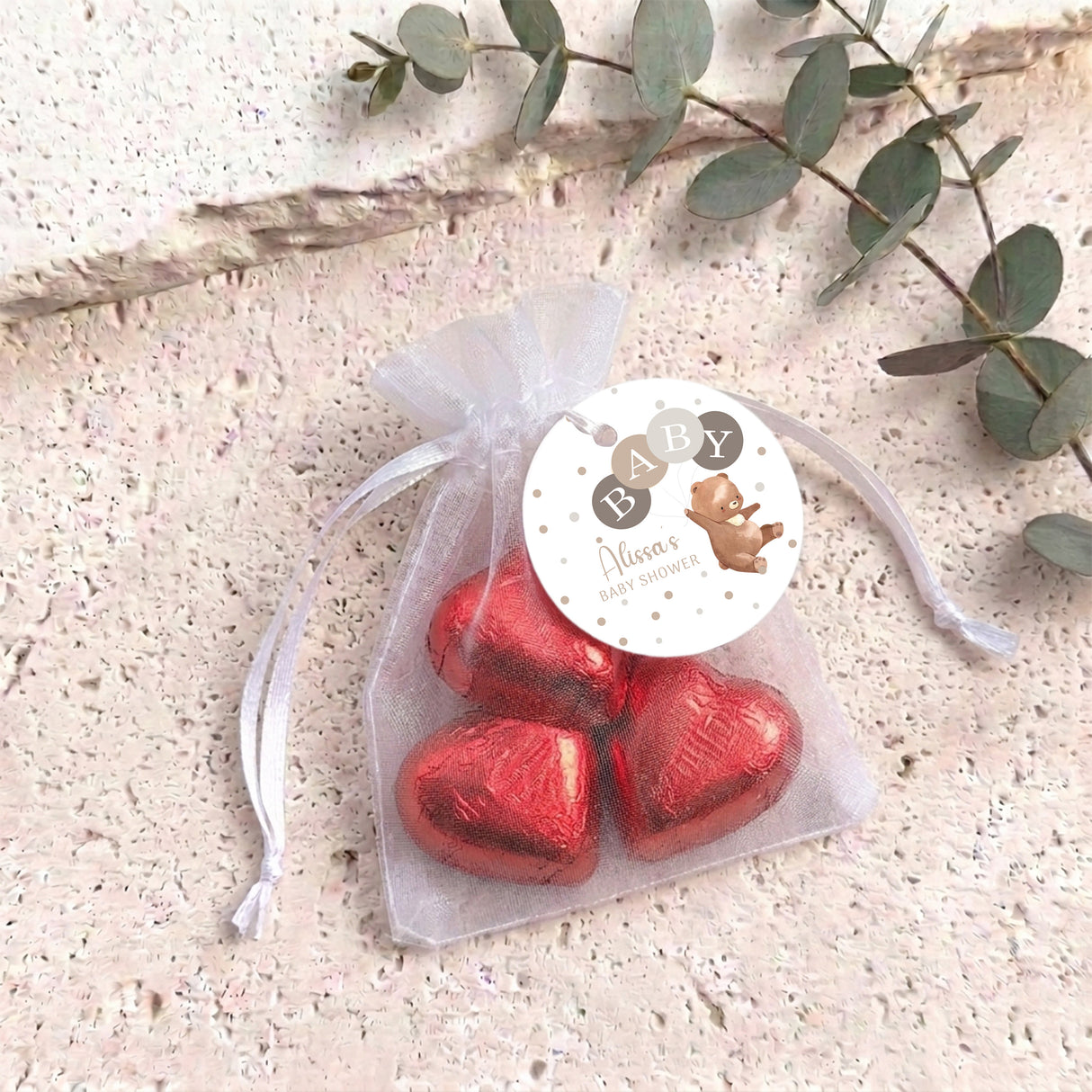 Brown Bear Balloons Baby Shower Personalised Organza Bags with Chocolate Hearts