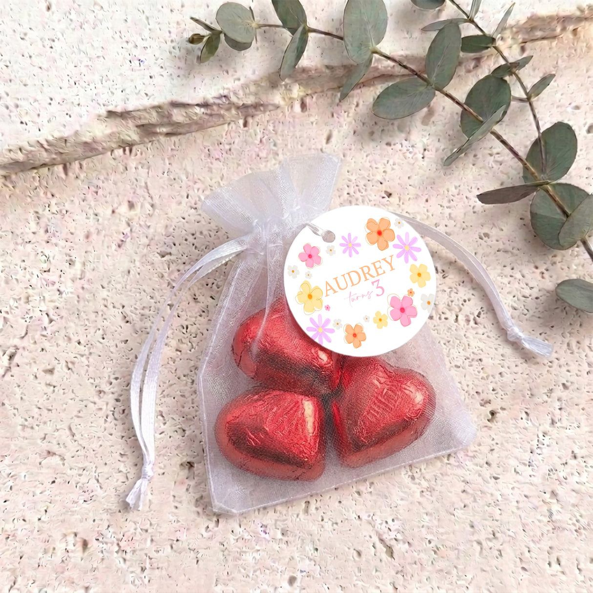Bright Daisies Birthday Personalised Organza Bags with Chocolate Hearts