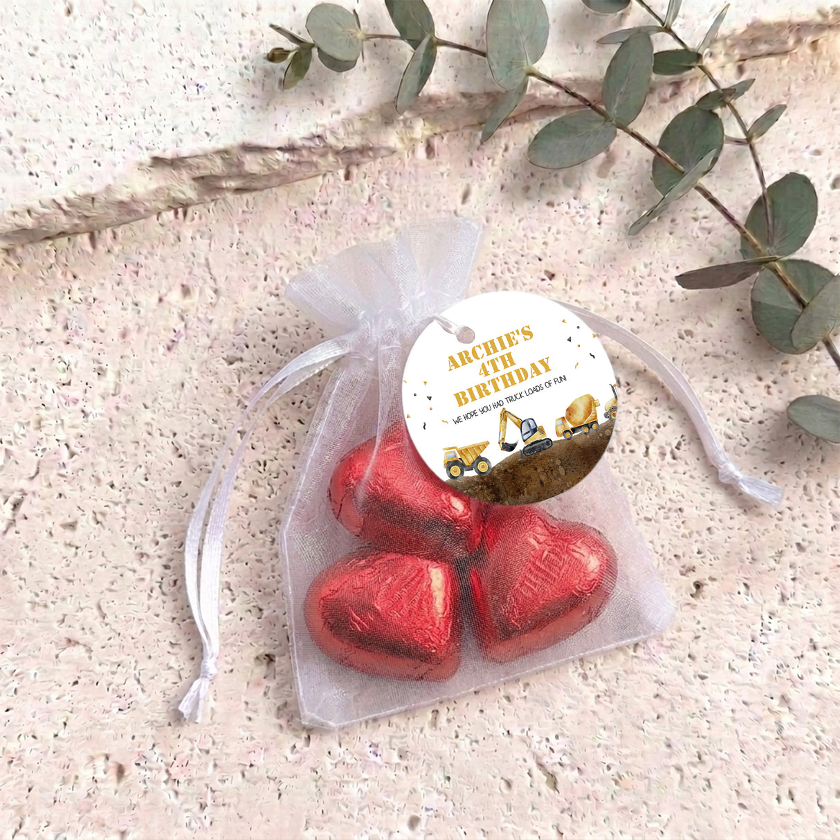 Construction Trucks Personalised Organza Bags with Chocolate Hearts