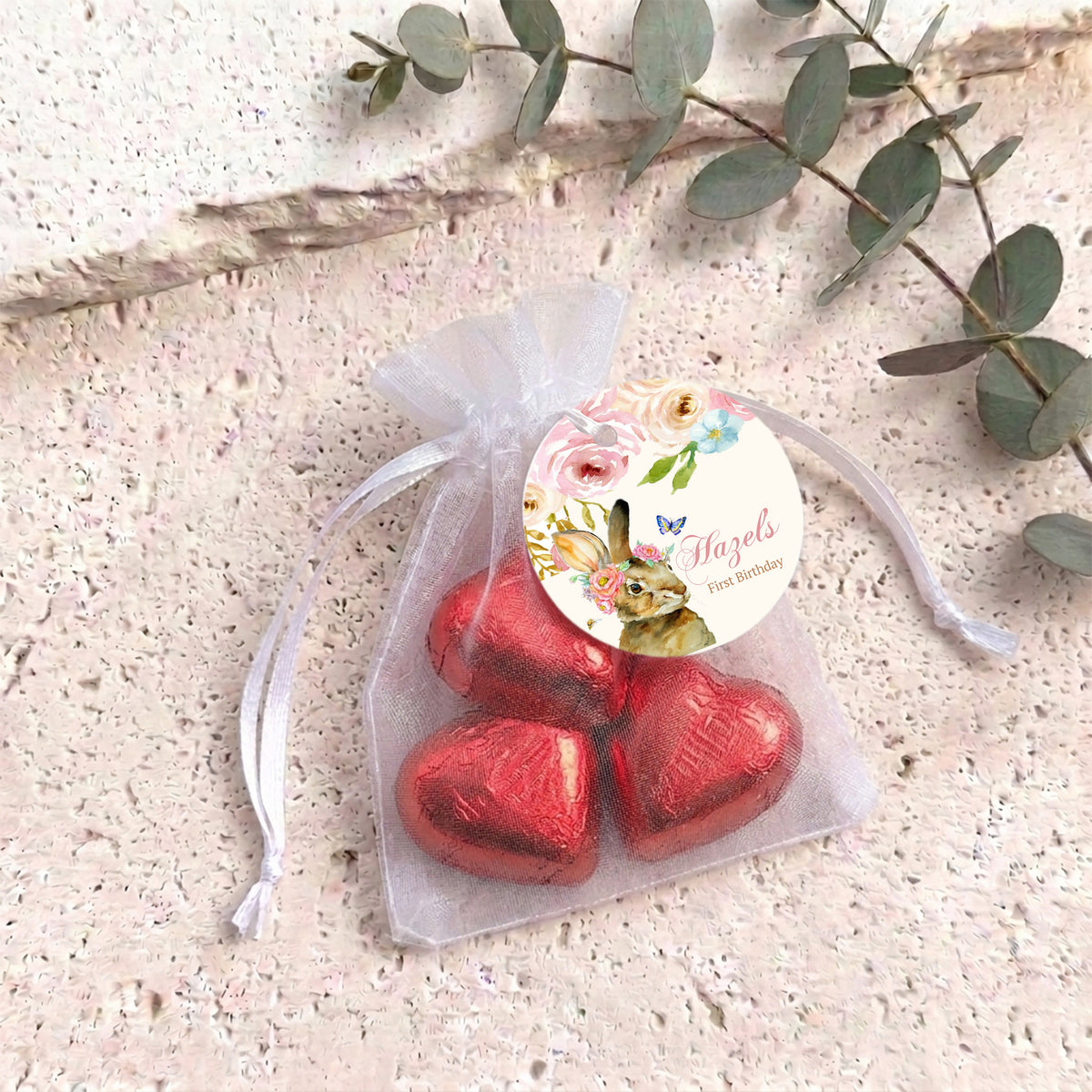 Floral Bunny First Birthday Personalised Organza Bags with Chocolate Hearts
