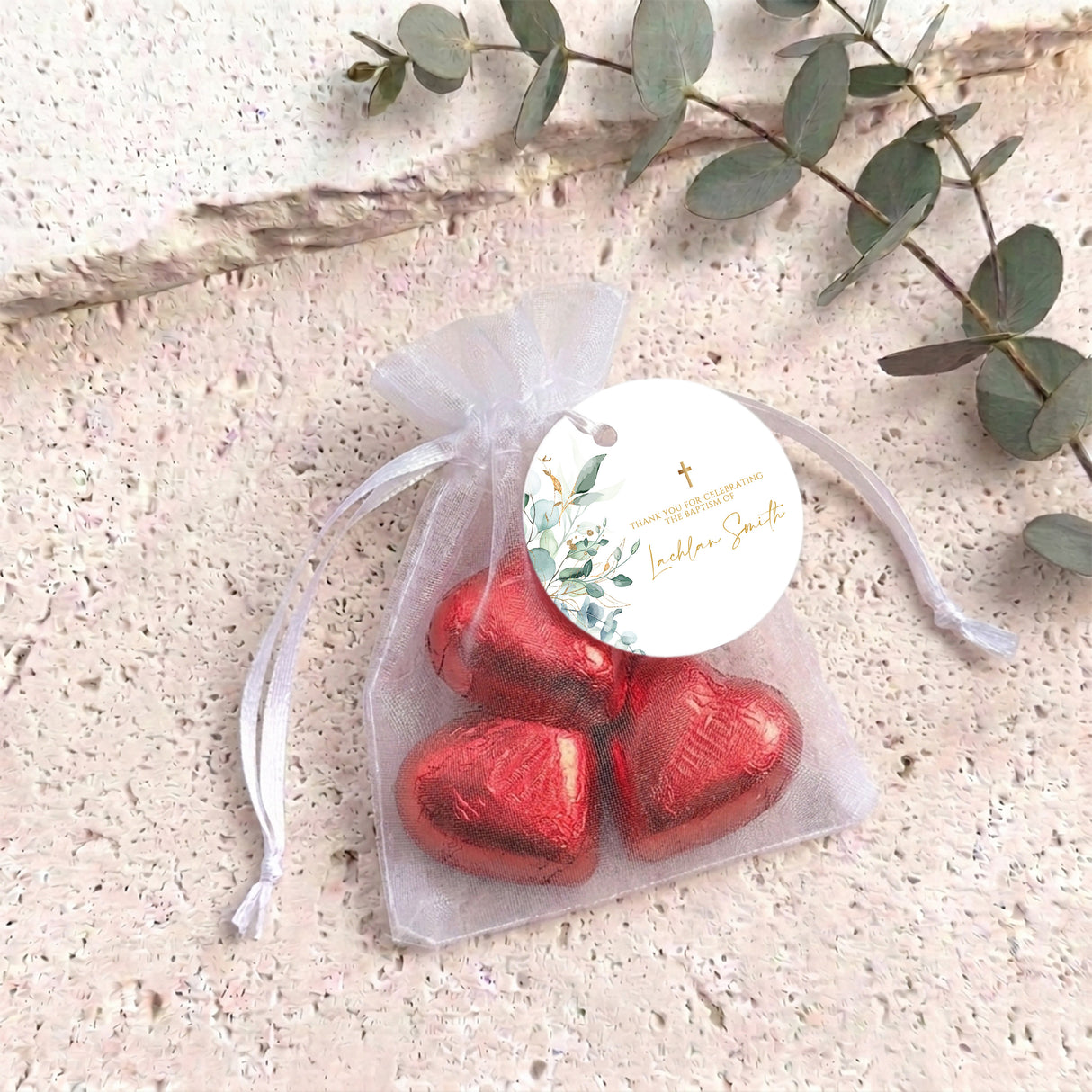 Green Leaves Gold Cross Baptism Personalised Organza Bags with Chocolate Hearts