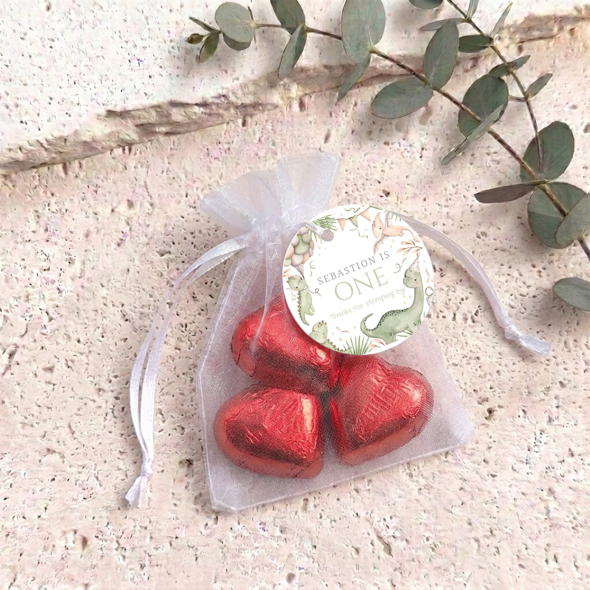 Green Pastel Dinosaur First Birthday Personalised Organza Bags with Chocolate Hearts
