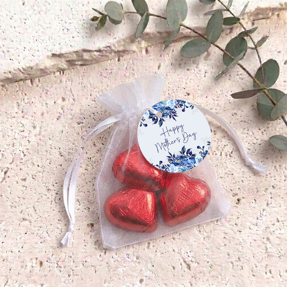 Navy Blue Waterfall Mothers Day Personalised Organza Bags with Chocolate Hearts