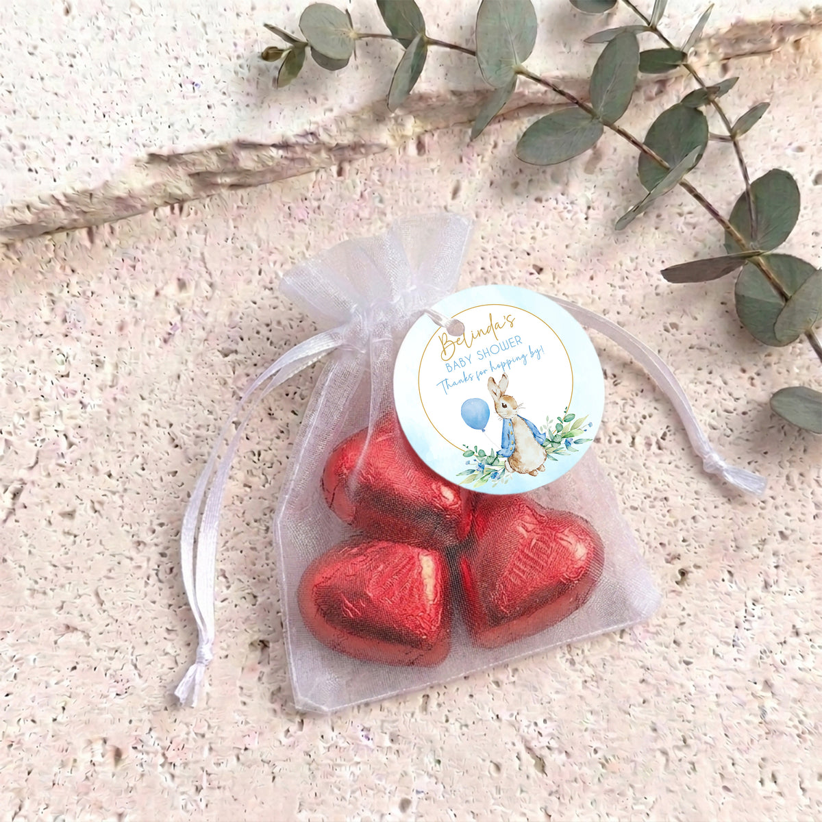 Peter Rabbit Blue Baby Shower Personalised Organza Bags with Chocolate Hearts